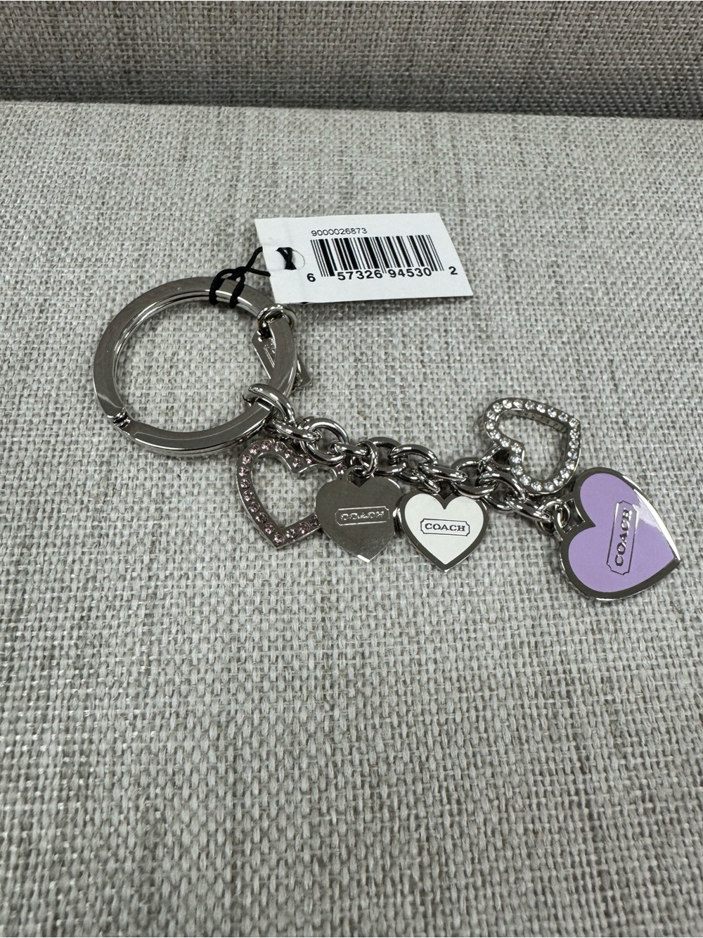 Coach Silver-tone Keychain with Lavender Heart Charm
